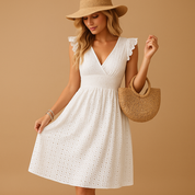 Lieke | Elegant Women's White Midi Summer Dress with Ruffle Accents 0