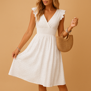 Lieke | Elegant Women's White Midi Summer Dress with Ruffle Accents 2