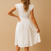 Lieke | Elegant Women's White Midi Summer Dress with Ruffle Accents 4